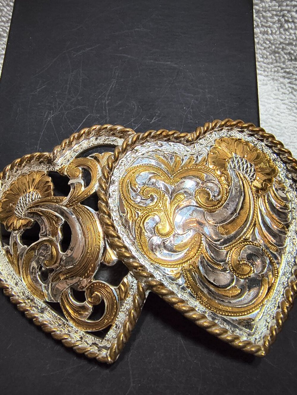 Silver Gold Double Heart See Through Buckle Gold Silver Swirl Crumrine Great !!